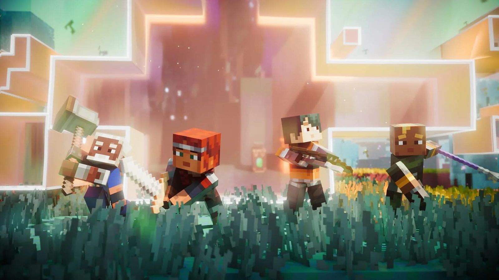 Four blocky Minecraft Dungeons II heroes with a hammer, swords and a spear standing in tall grass in front of a glowing rift