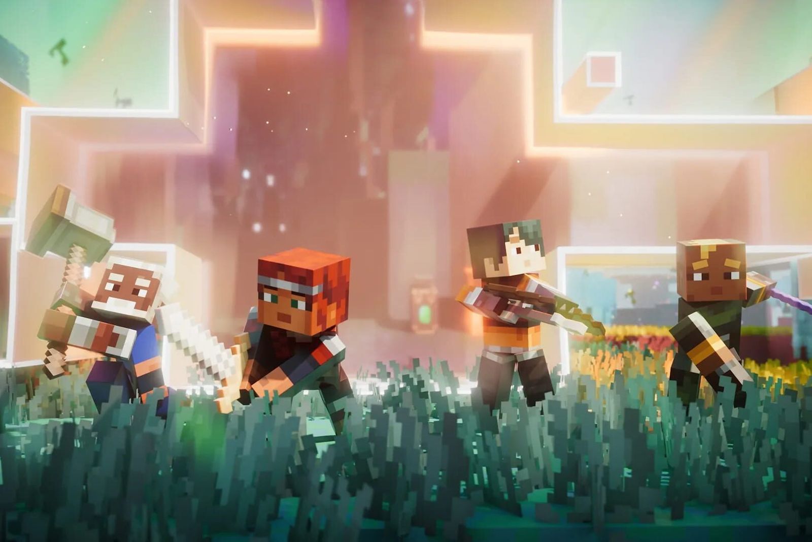 Four blocky Minecraft Dungeons II heroes with a hammer, swords and a spear standing in tall grass in front of a glowing rift