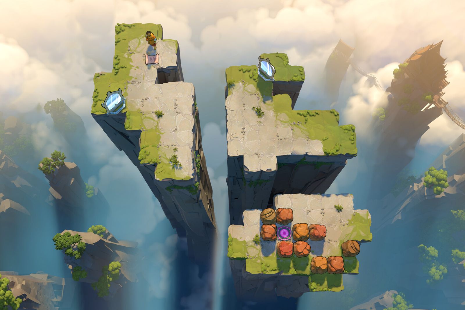 Two grassy stone pillars above the clouds with blue crystals and a grid of orange blocks around a purple gem