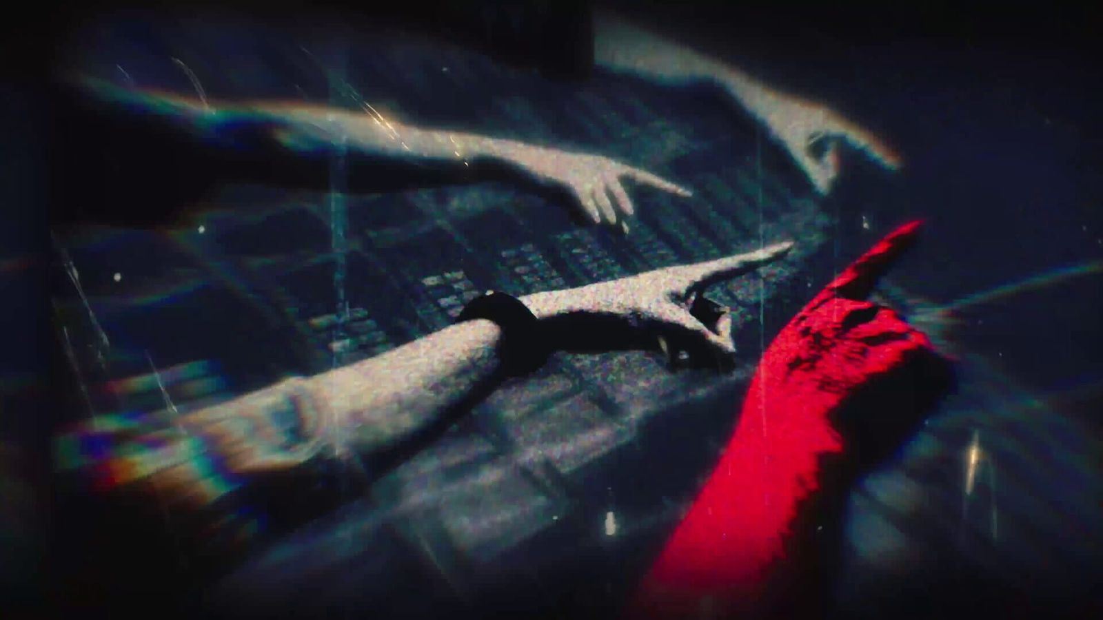 Outstretched arms reaching across a grid, one arm in red, from the Persona 6 teaser