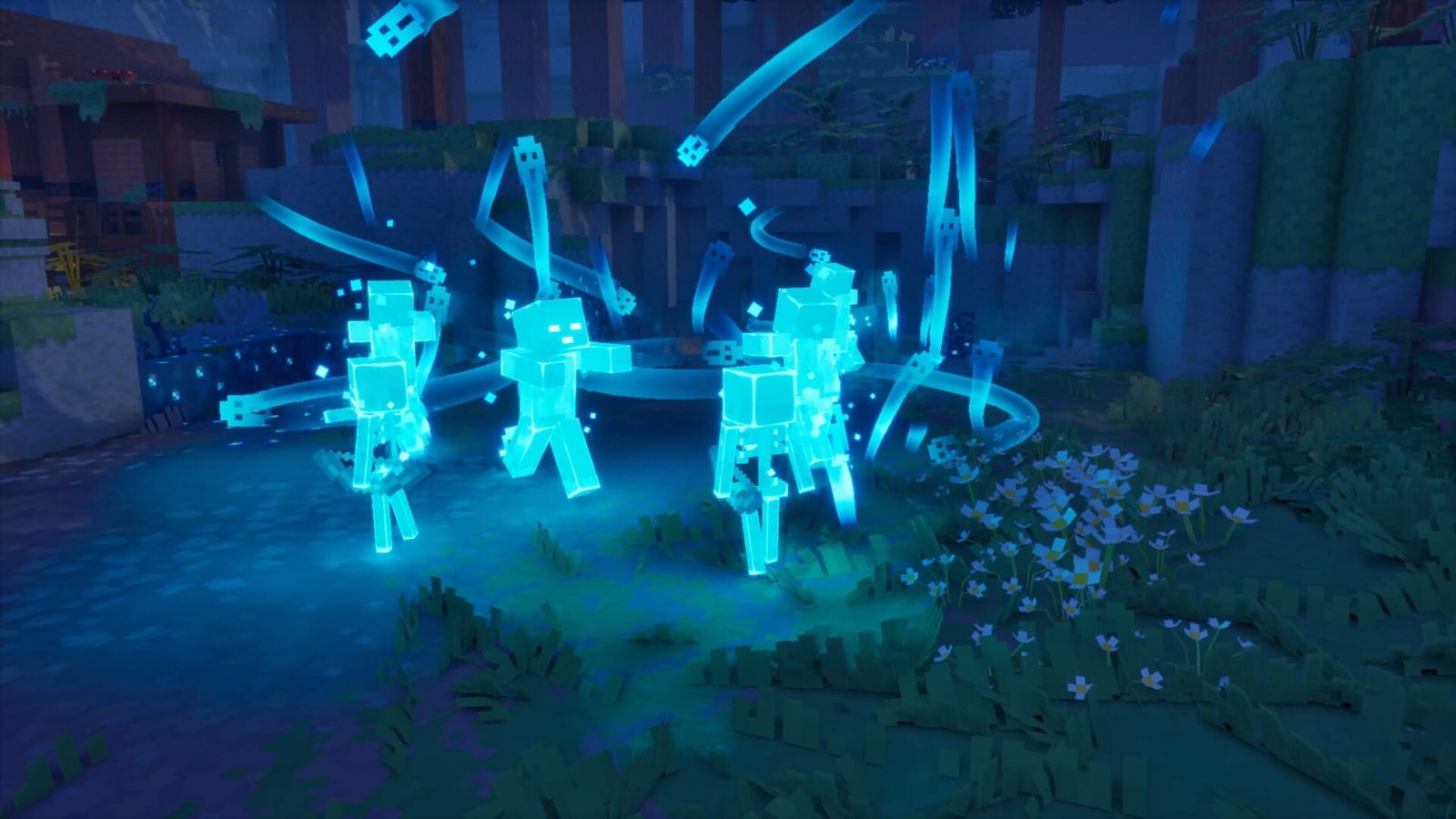 Four glowing blue skeleton enemies surrounded by light trails in a dark forest clearing