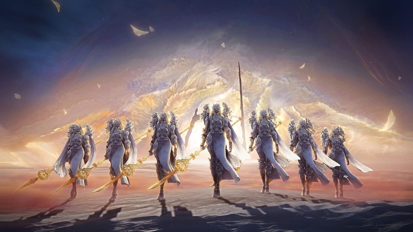 Seven identical armoured figures carry golden spears across pale sand in Elden Ring Nightreign