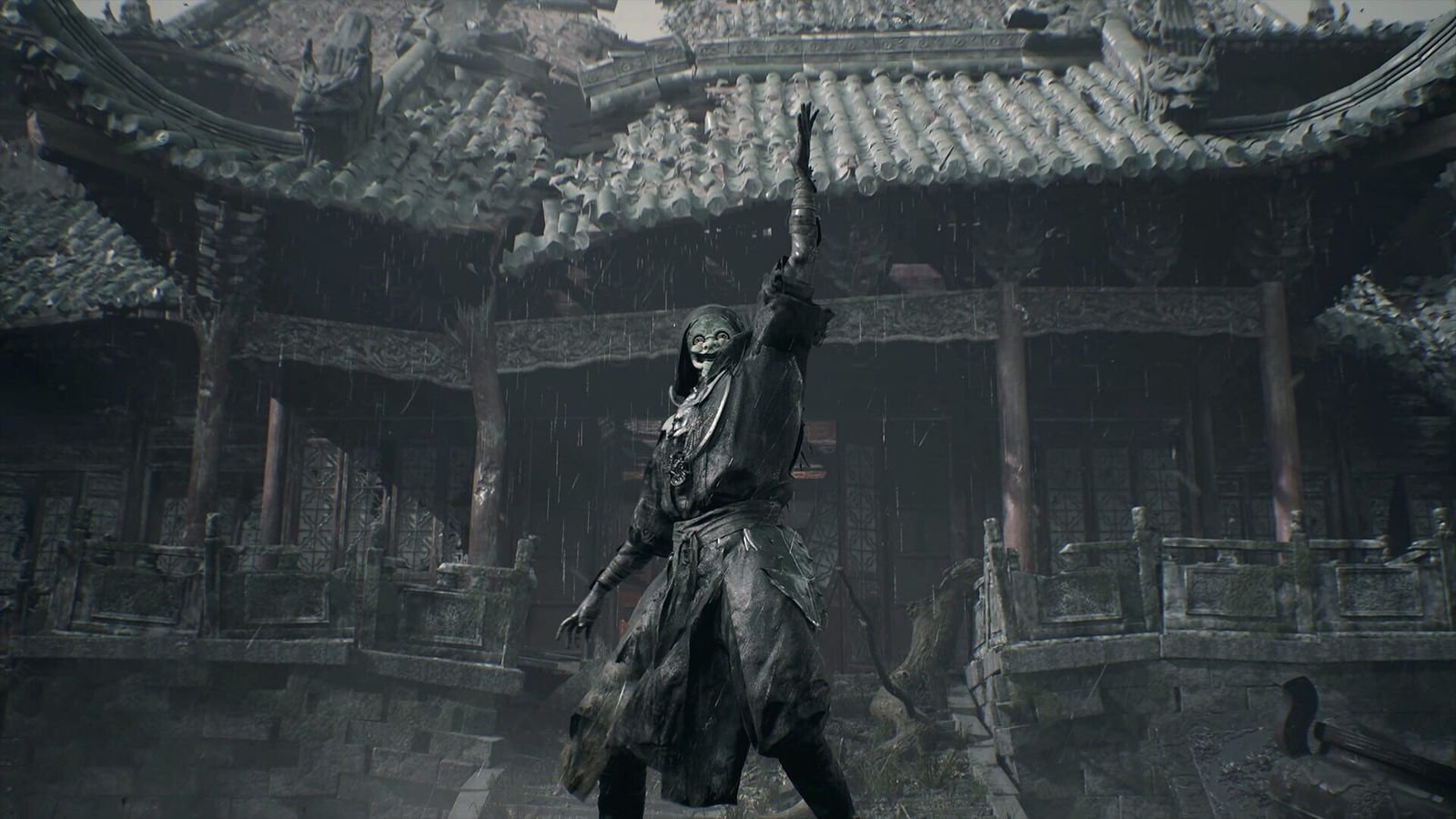 Phantom Blade Zero screenshot of a sword fight in a dim courtyard