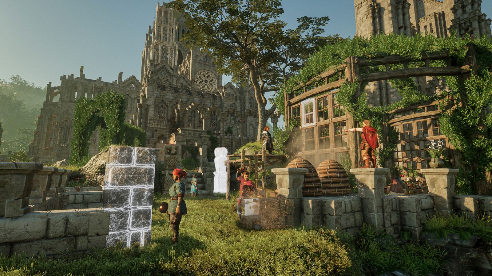 Players building a stone base with beehives and greenhouse walls in front of a ruined cathedral in Enshrouded