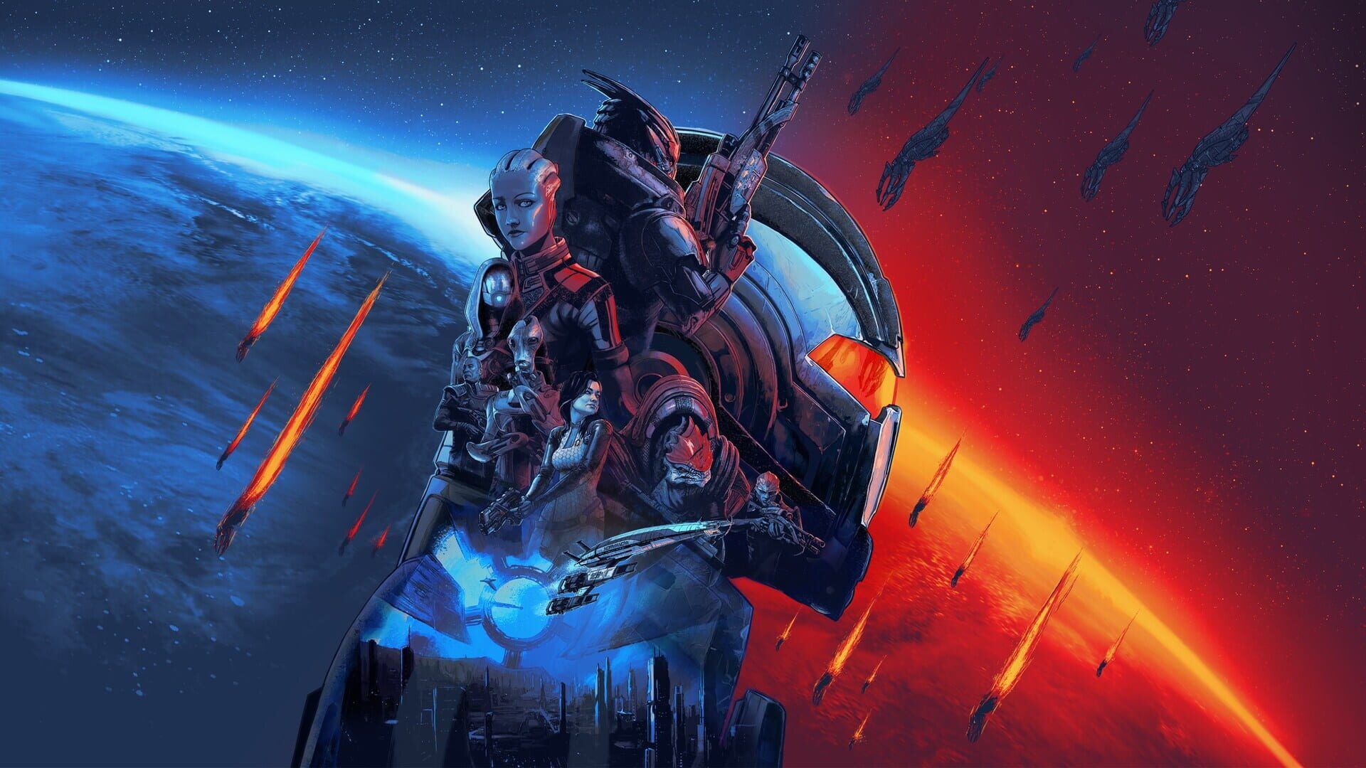 Mass Effect key art of Liara, Garrus, Wrex and other trilogy characters in front of a planet lit blue and red