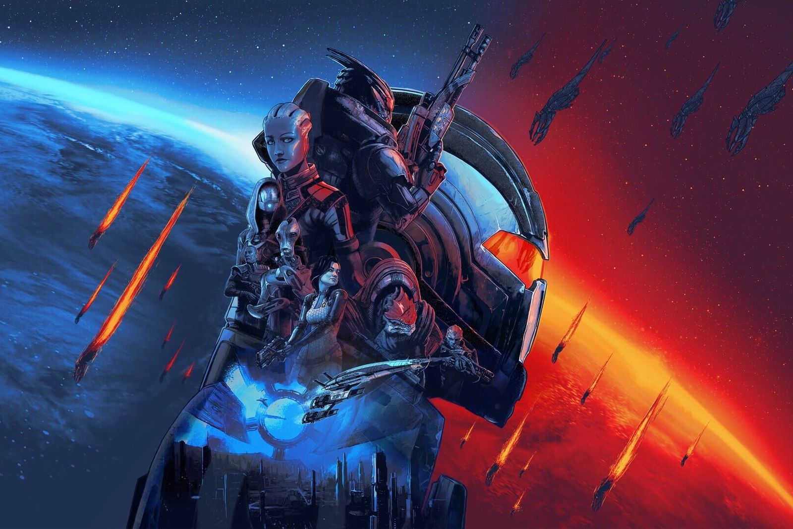 Mass Effect key art of Liara, Garrus, Wrex and other trilogy characters in front of a planet lit blue and red