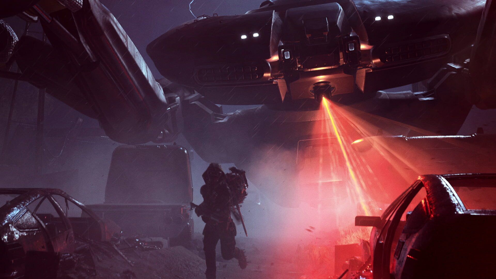 An ARC Raiders player running through a dark, smoky ruin as a large flying ARC machine fires red lasers