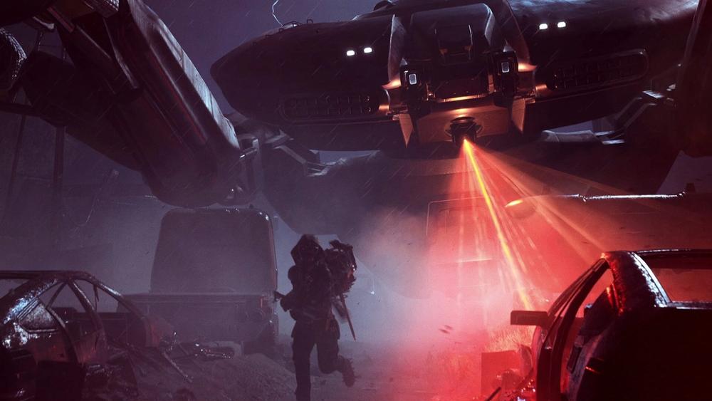 An ARC Raiders player running through a dark, smoky ruin as a large flying ARC machine fires red lasers