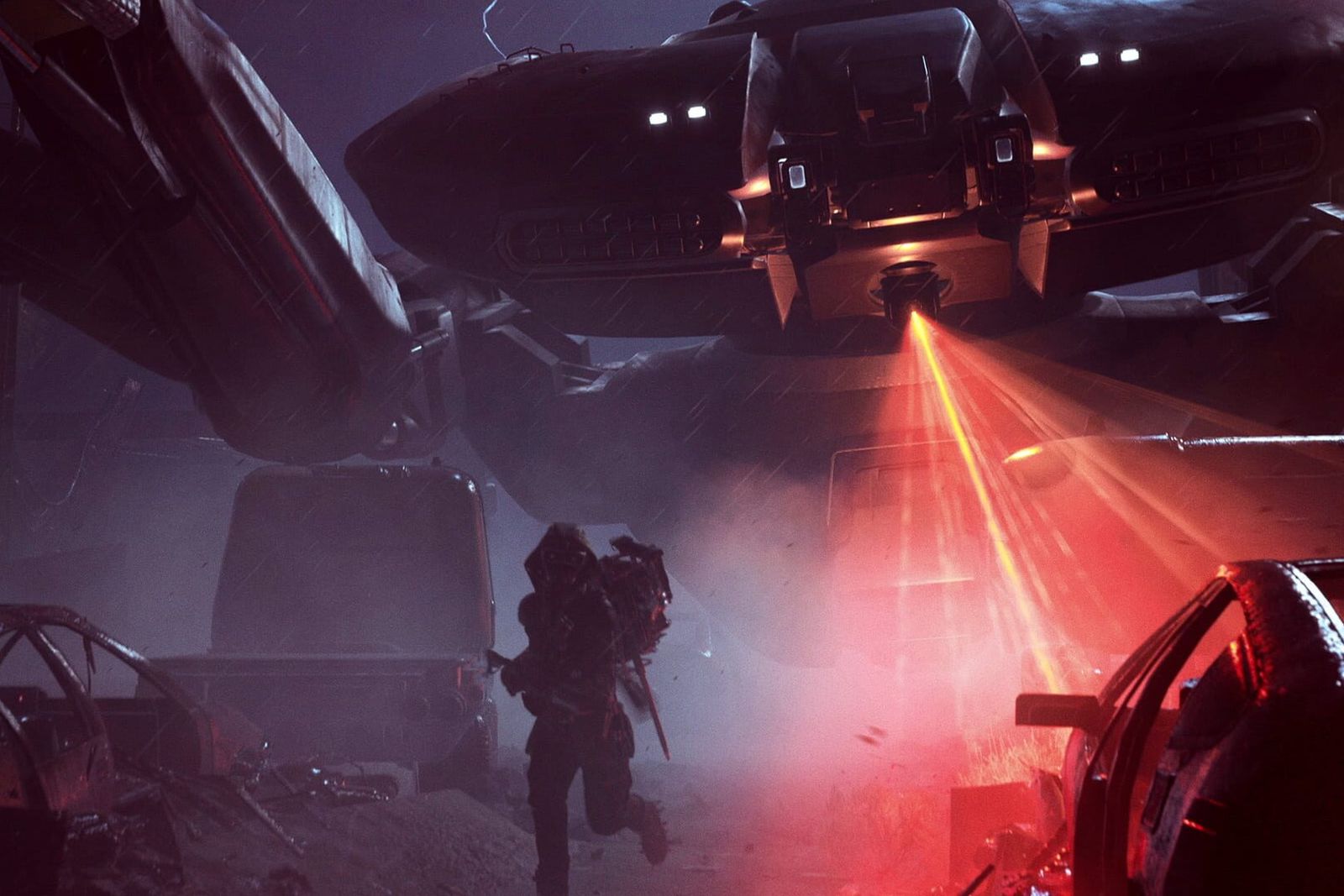 An ARC Raiders player running through a dark, smoky ruin as a large flying ARC machine fires red lasers