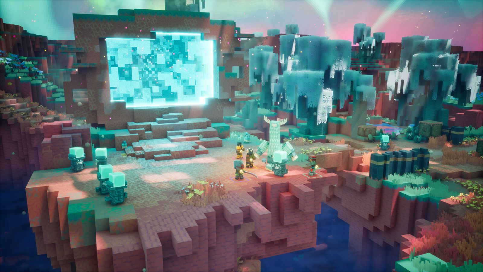 A glowing rift portal on a floating island in Minecraft Dungeons II, with mobs gathered around it