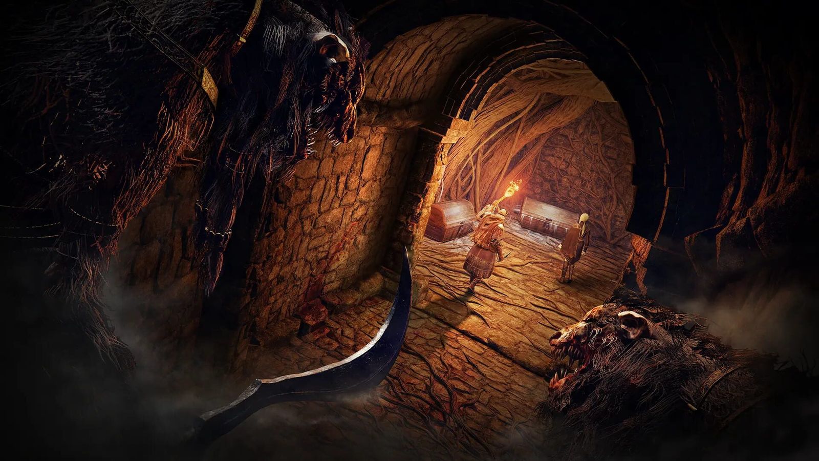A torch-lit cave with two treasure chests guarded by giant beast skulls in Elden Ring Nightreign