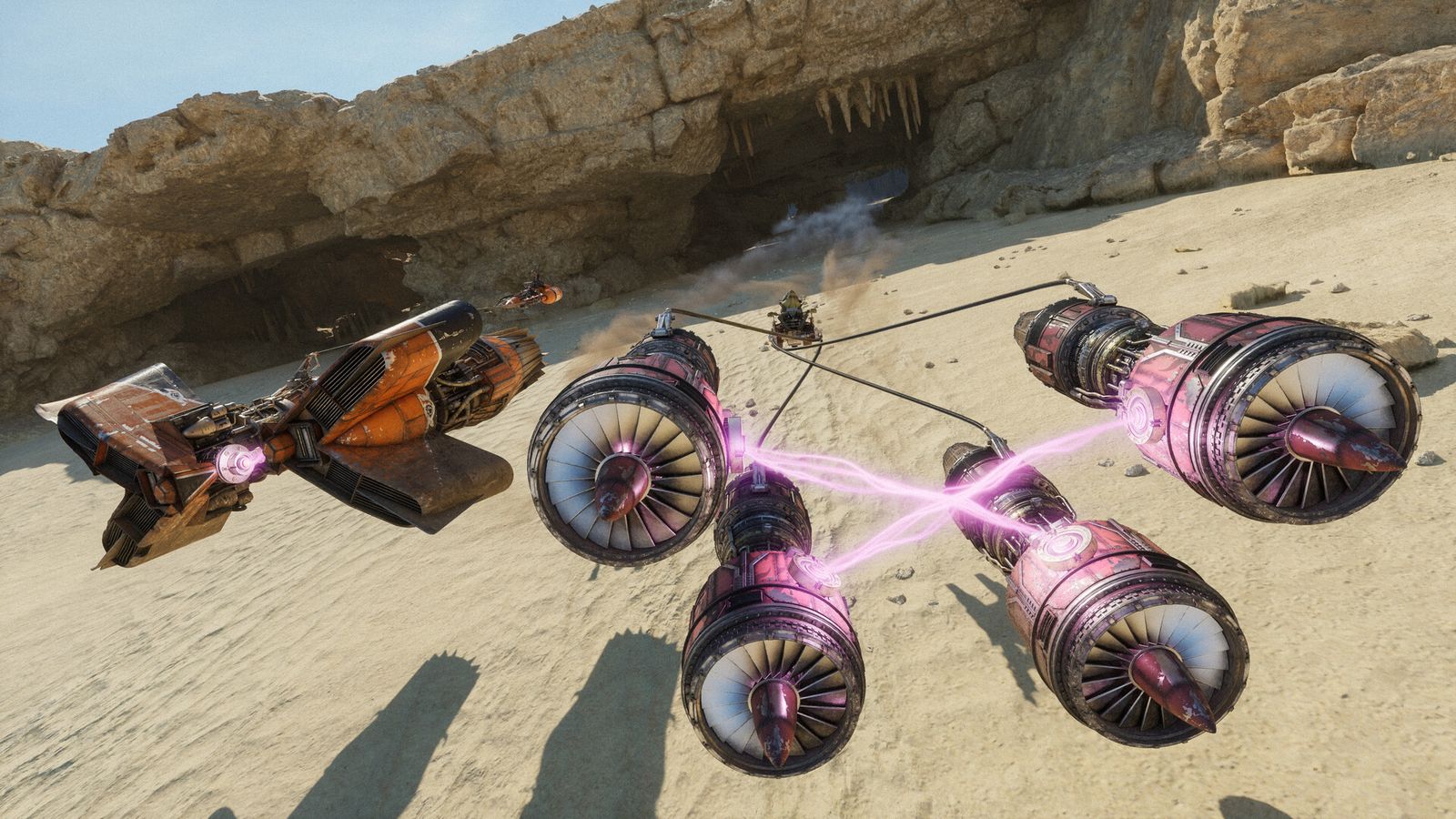 Two podracers with glowing engines race across a sandy canyon