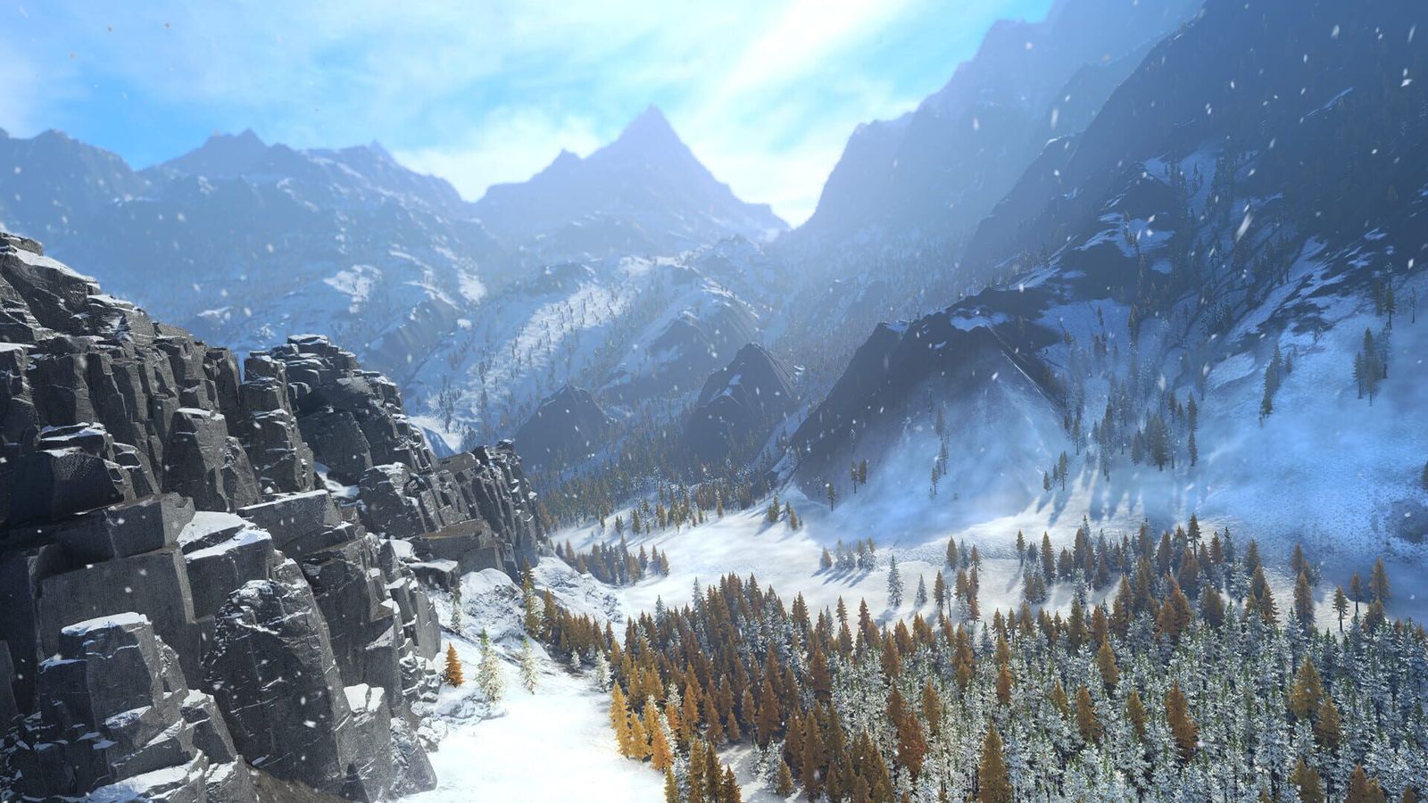 Snow-covered mountains and pine forests seen from above in Total War: Warhammer III.