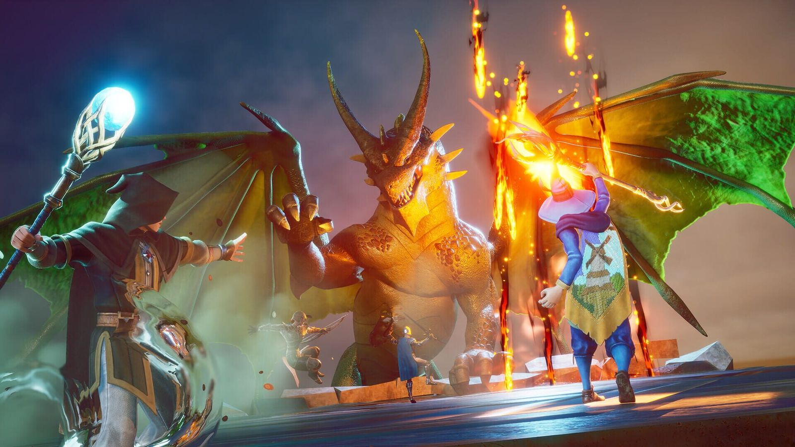 A mage with a glowing staff and a warrior with a flaming sword fighting a huge horned golden dragon