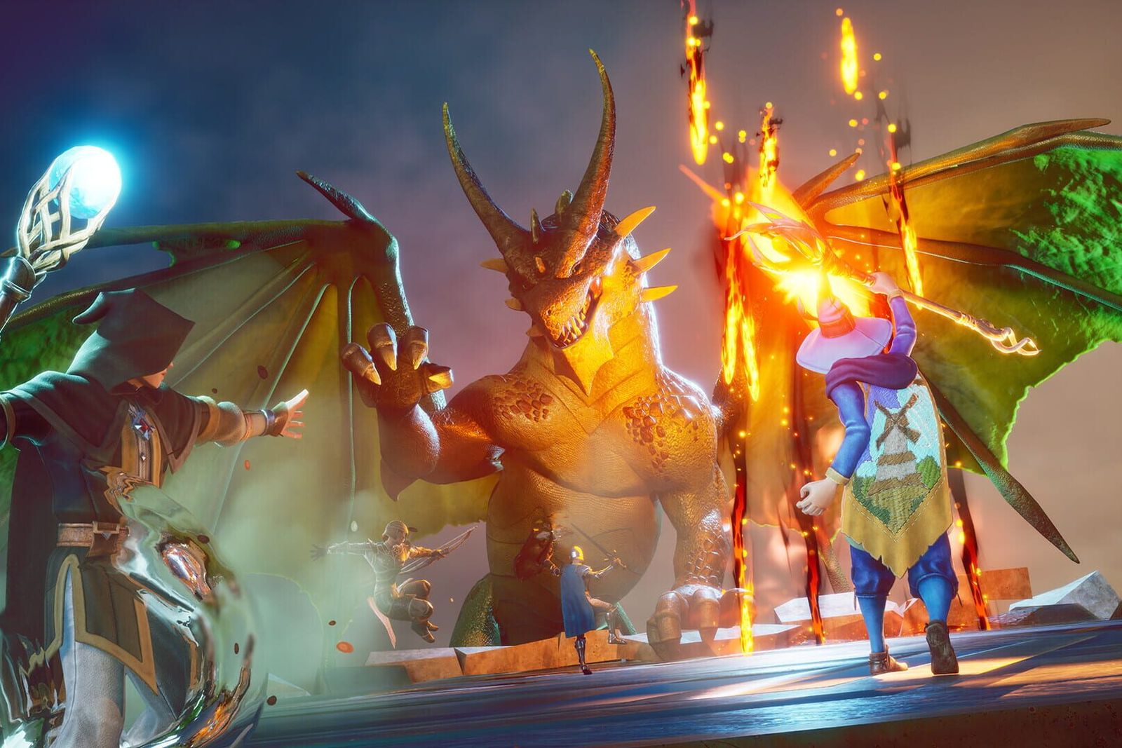 A mage with a glowing staff and a warrior with a flaming sword fighting a huge horned golden dragon