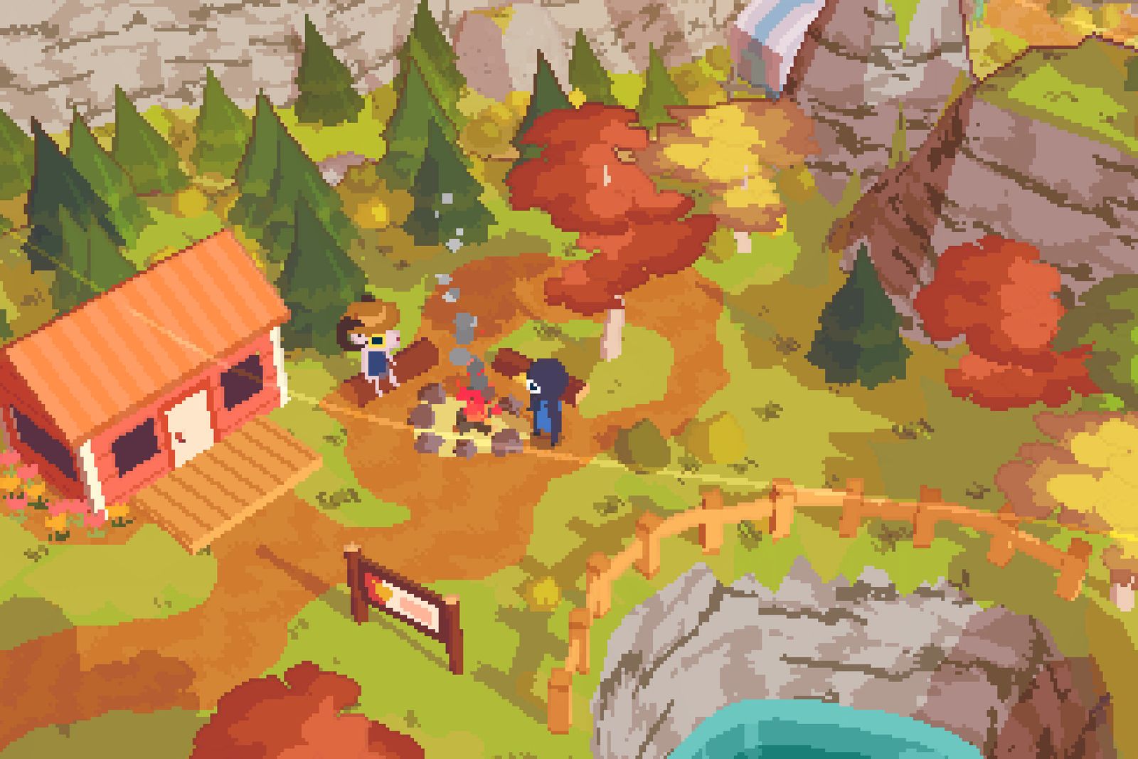 A Short Hike screenshot of a small orange cabin and a campfire among autumn trees on a pixel-art mountainside