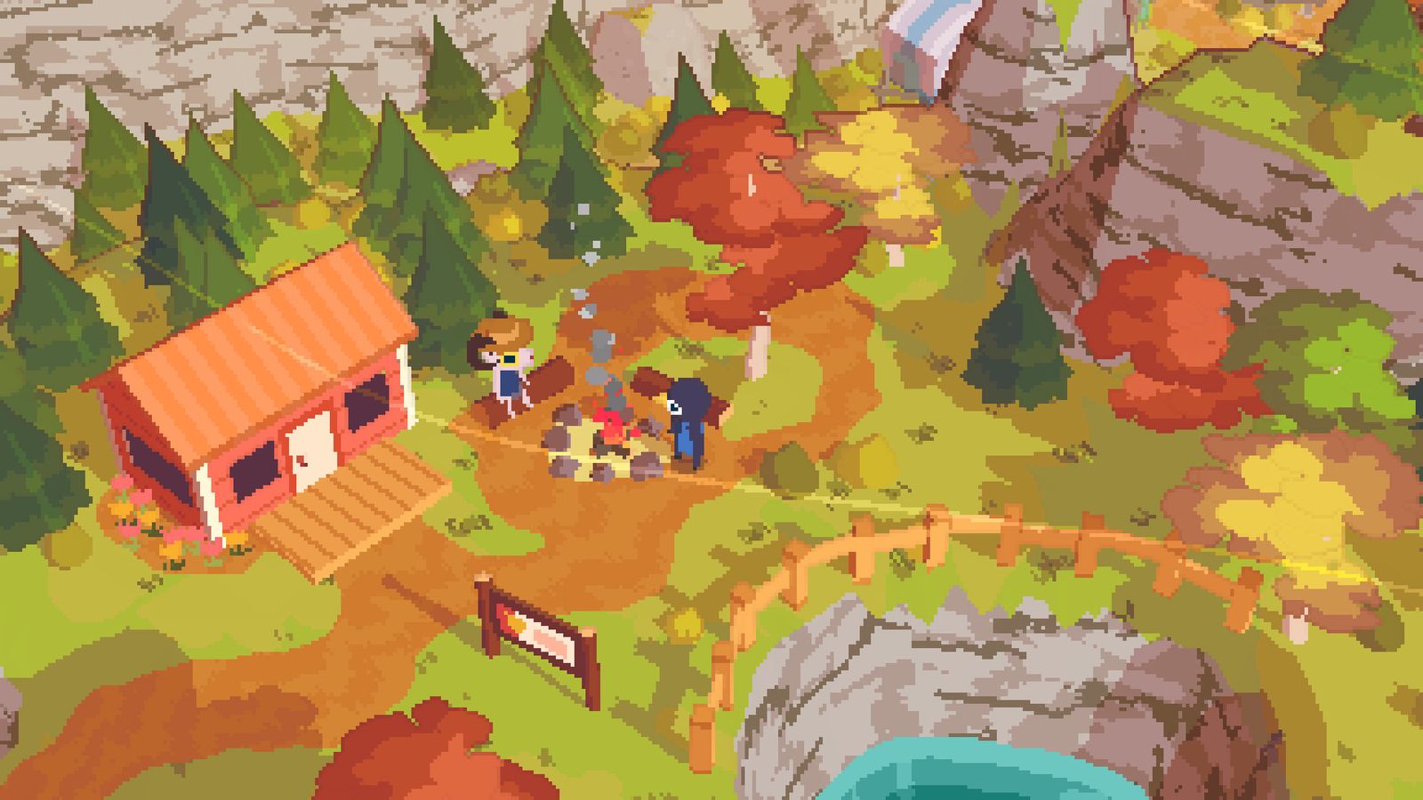 A Short Hike screenshot of a small orange cabin and a campfire among autumn trees on a pixel-art mountainside