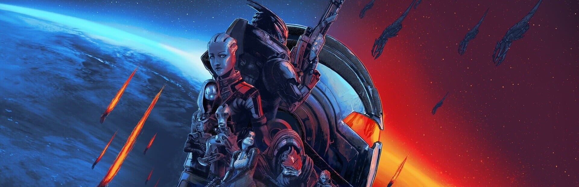 Mass Effect trilogy characters in front of a planet split between blue and red light