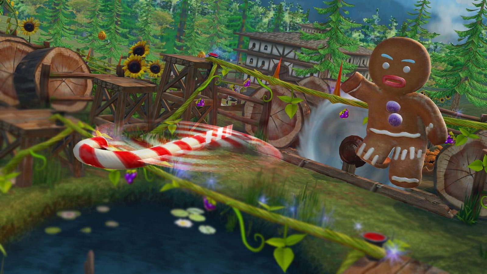 Gingy, the gingerbread man, swinging a candy cane on a wooden walkway beside a pond
