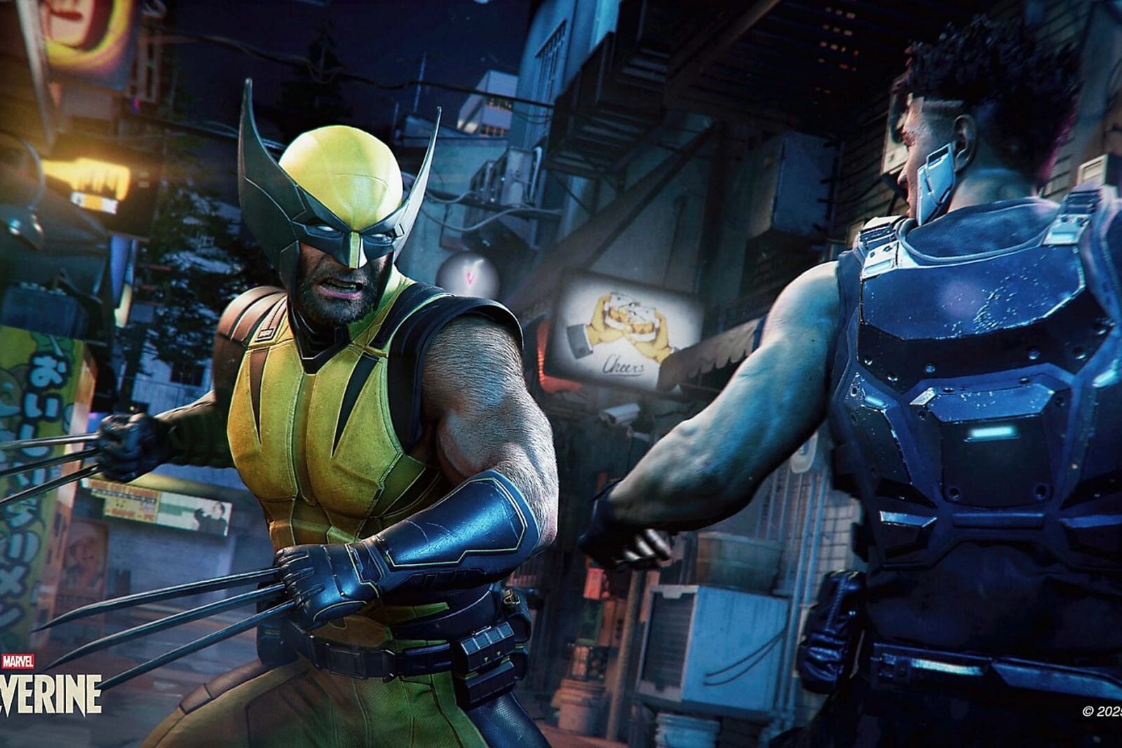 Wolverine in his yellow costume fighting an armoured soldier on a neon-lit street in Marvel's Wolverine