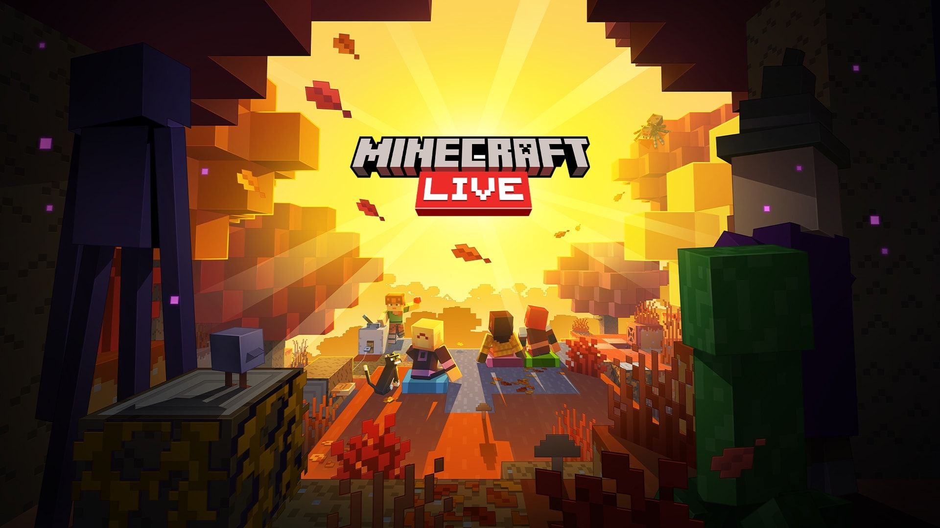 Minecraft Live autumn 2026 key art: players on cushions in an orange forest facing a bright sun, with an Enderman and a Creeper in the foreground