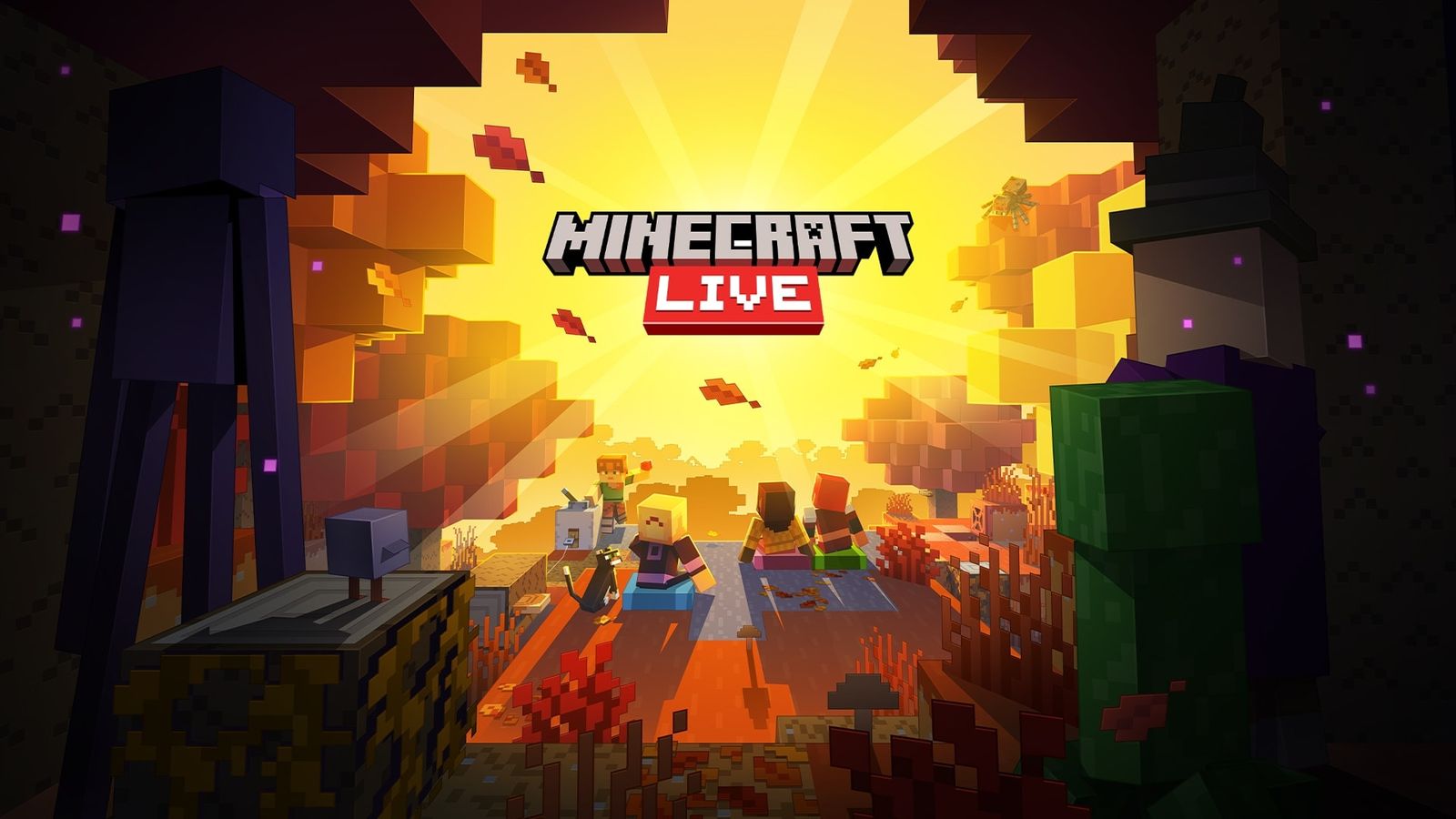 Minecraft Live autumn 2026 key art: players on cushions in an orange forest facing a bright sun, with an Enderman and a Creeper in the foreground