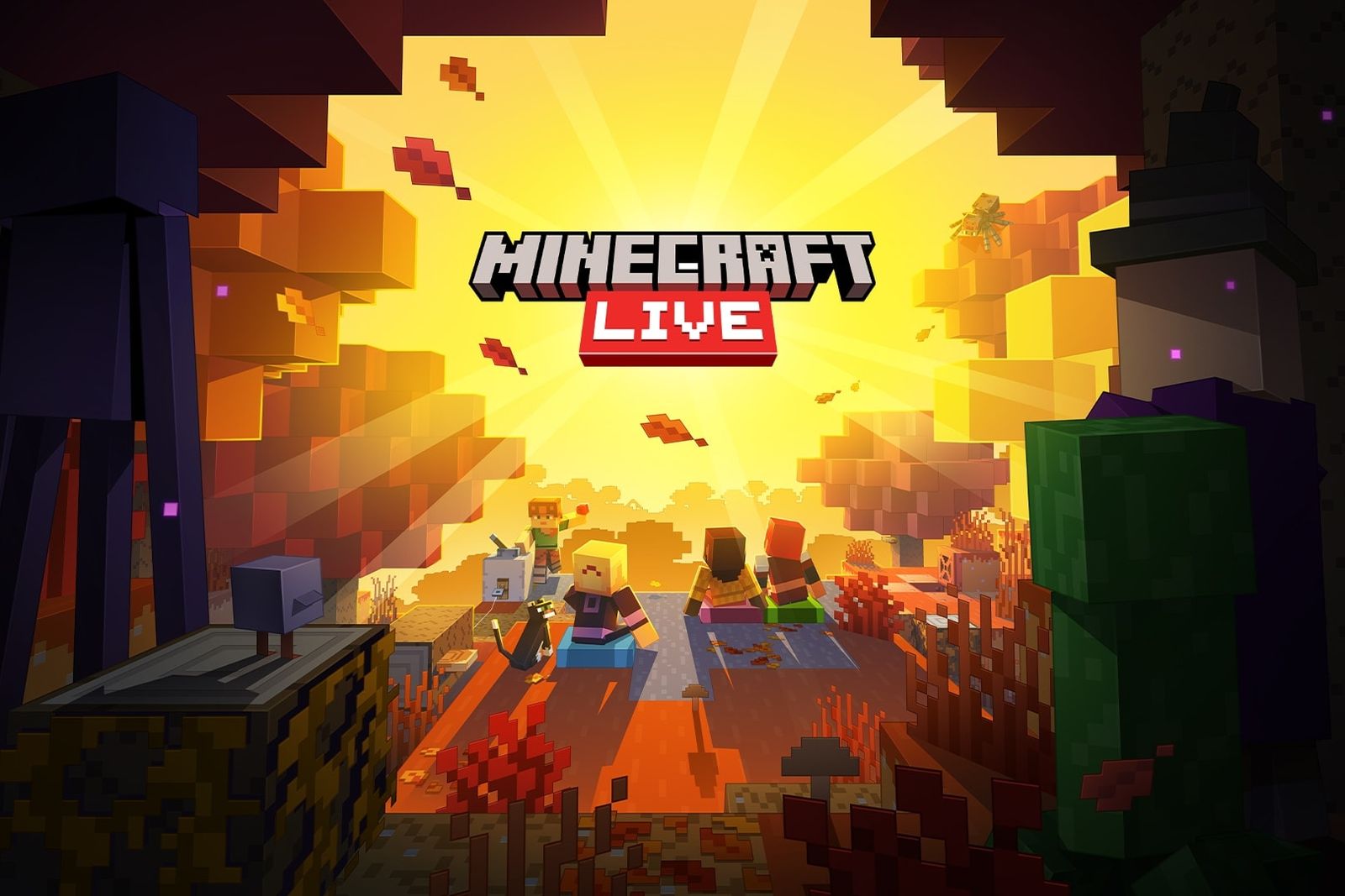 Minecraft Live autumn 2026 key art: players on cushions in an orange forest facing a bright sun, with an Enderman and a Creeper in the foreground