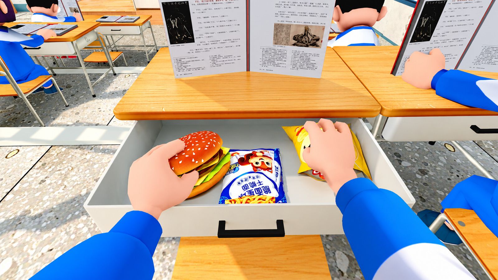 First-person view in Worst Class Ever of a pupil's hands hiding a burger and crisps in a school desk drawer