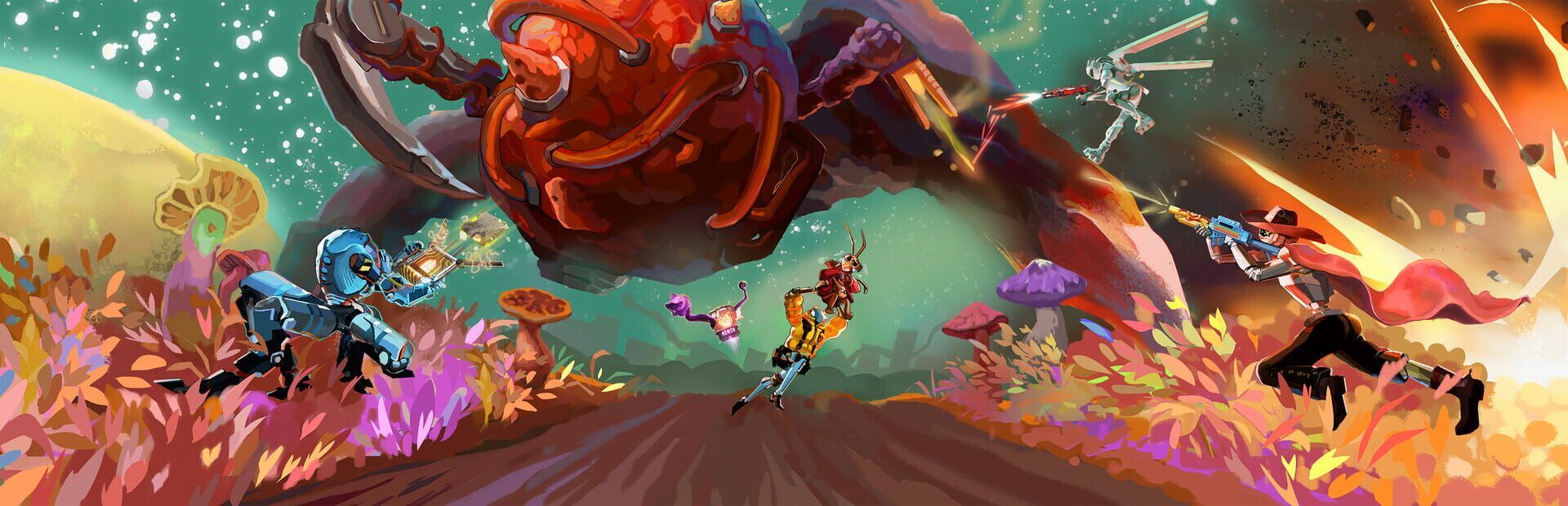 Mycopunk wide artwork with robot characters against a fungal alien landscape