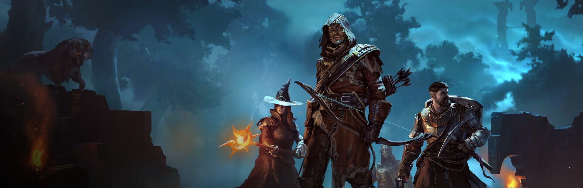 Enshrouded artwork of three hooded adventurers, an archer, a mage holding a glowing spell and a warrior, in a misty blue forest