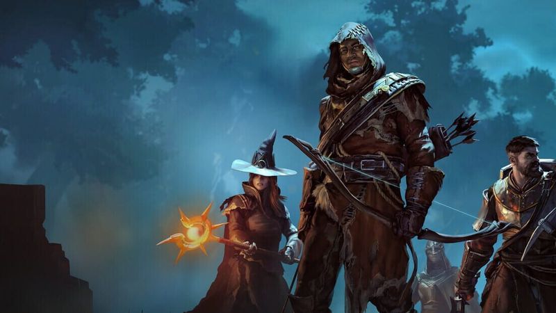 Enshrouded artwork of three hooded adventurers, an archer, a mage holding a glowing spell and a warrior, in a misty blue forest