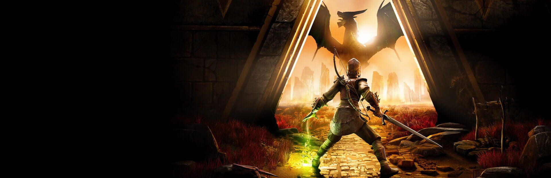 Armoured adventurer with a sword standing in a stone archway, with a dragon flying over a ruined landscape behind