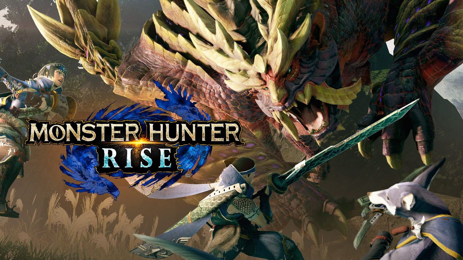 Monster Hunter Rise key art showing hunters, a Palamute and the monster Magnamalo with the game's logo