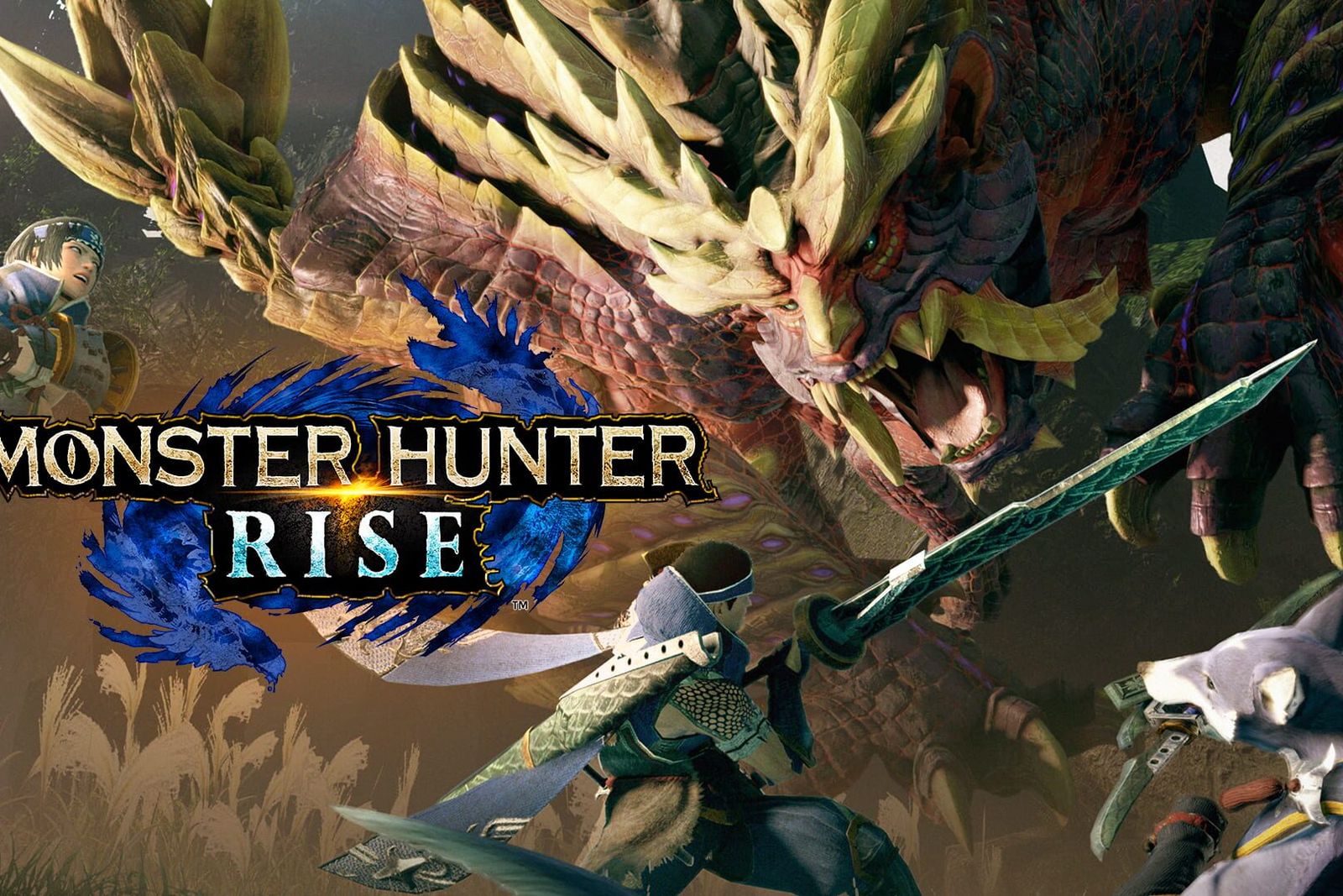 Monster Hunter Rise key art showing hunters, a Palamute and the monster Magnamalo with the game's logo