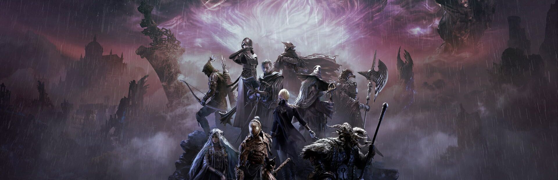 All ten Elden Ring Nightreign Nightfarer classes gathered beneath a violet storm over ruined Limveld