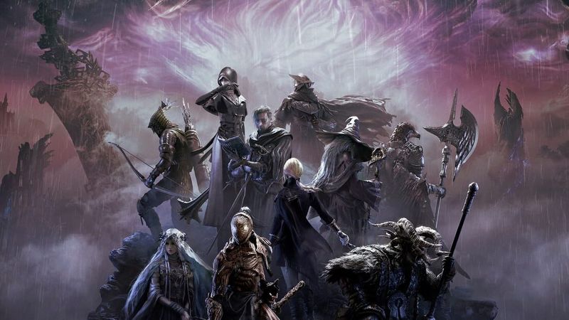 All ten Elden Ring Nightreign Nightfarer classes gathered beneath a violet storm over ruined Limveld