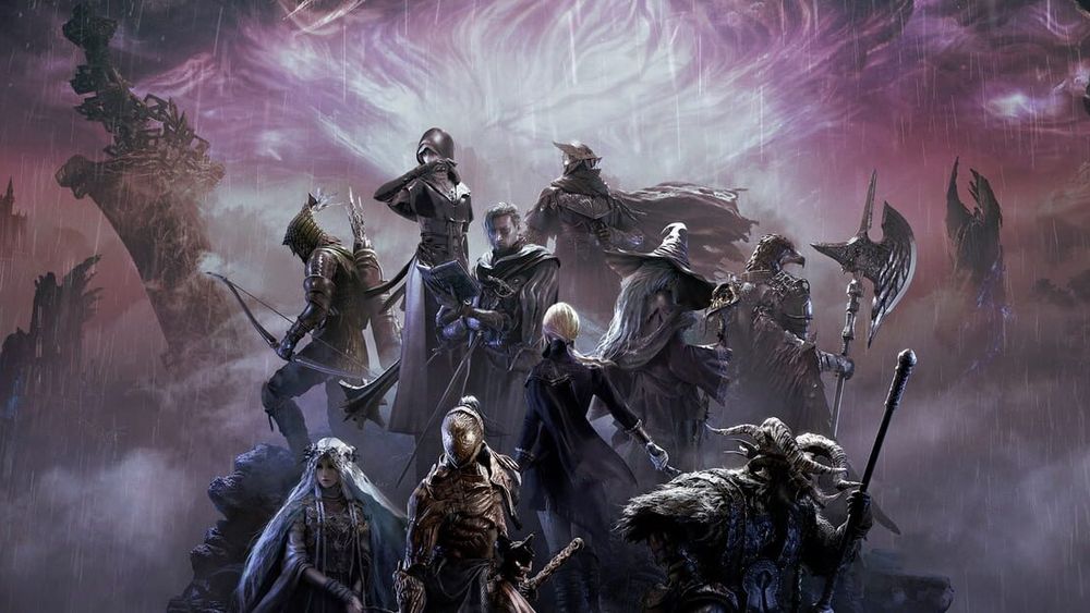 All ten Elden Ring Nightreign Nightfarer classes gathered beneath a violet storm over ruined Limveld