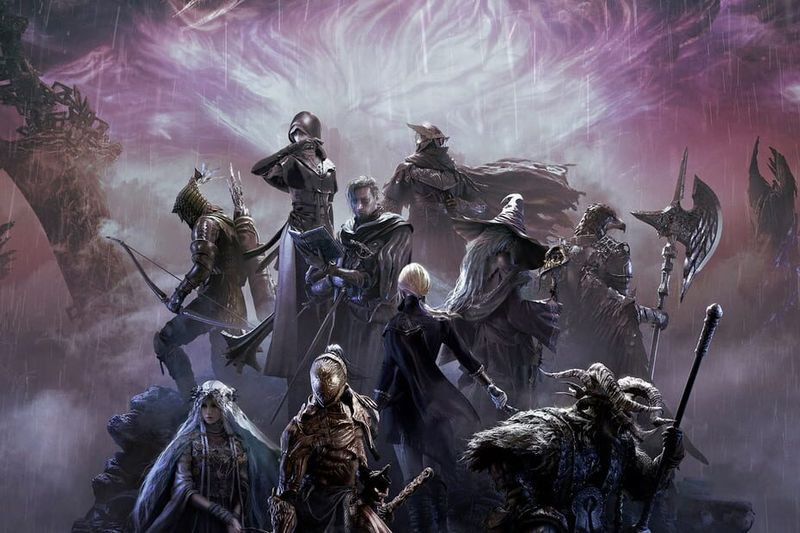 All ten Elden Ring Nightreign Nightfarer classes gathered beneath a violet storm over ruined Limveld