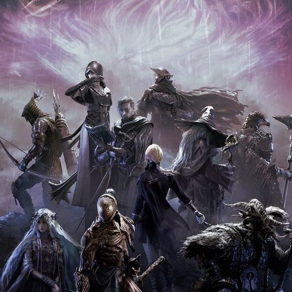 All ten Elden Ring Nightreign Nightfarer classes gathered beneath a violet storm over ruined Limveld