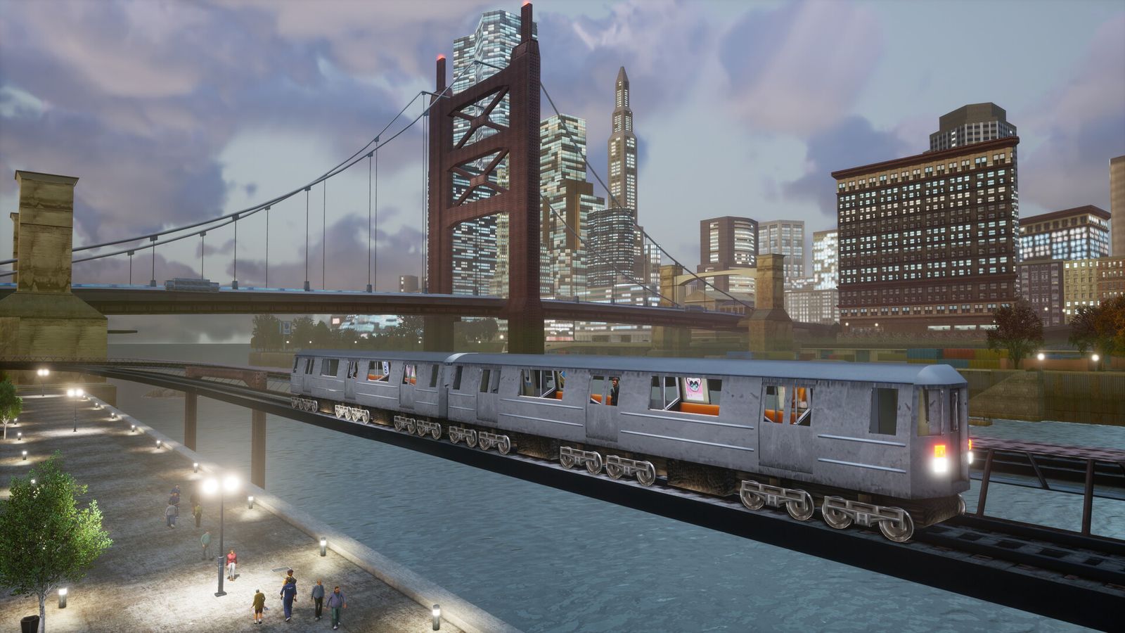 An elevated train crosses a riverside track below a suspension bridge and the Liberty City skyline in Grand Theft Auto III