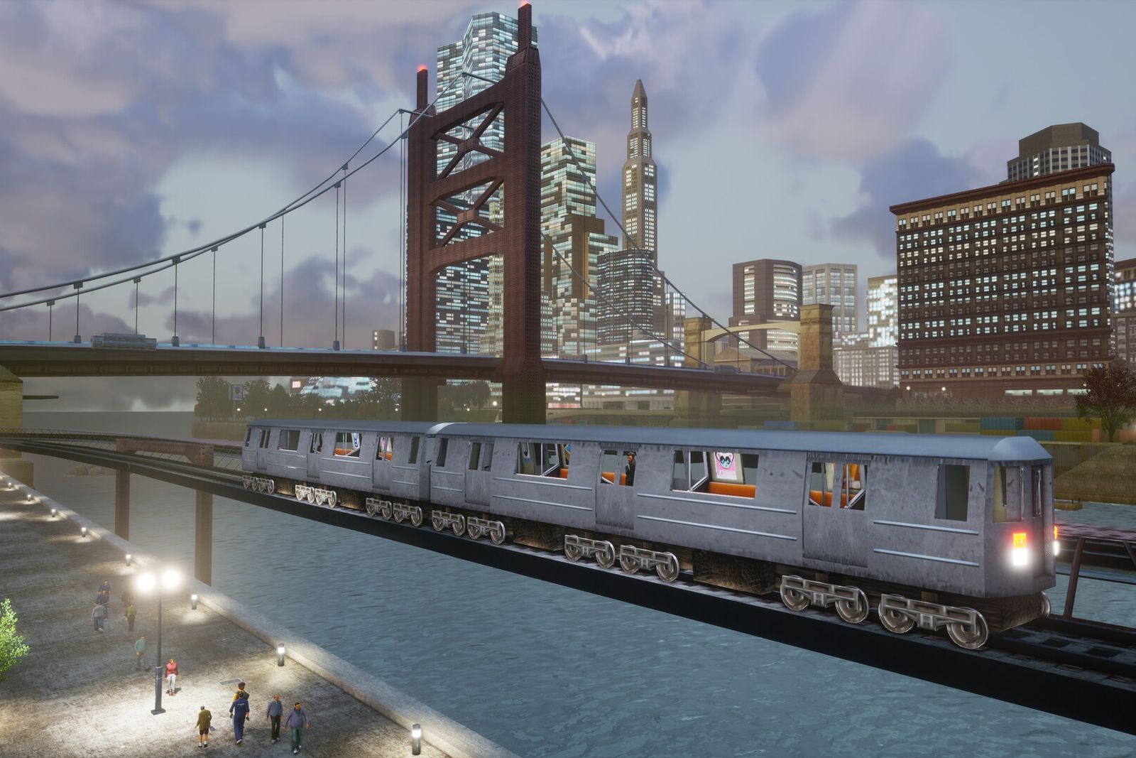 An elevated train crosses a riverside track below a suspension bridge and the Liberty City skyline in Grand Theft Auto III