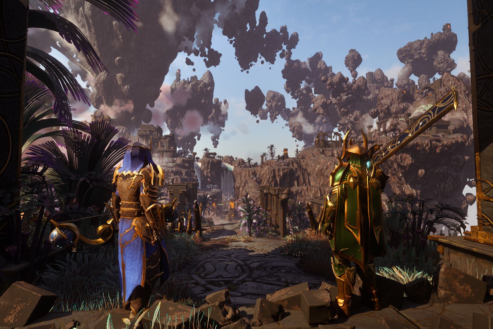 Two armoured Enshrouded characters, one holding a crossbow, on a path beneath floating rock islands and palm trees