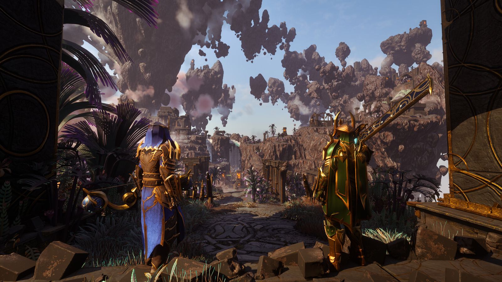 Two armoured Enshrouded characters, one holding a crossbow, on a path beneath floating rock islands and palm trees