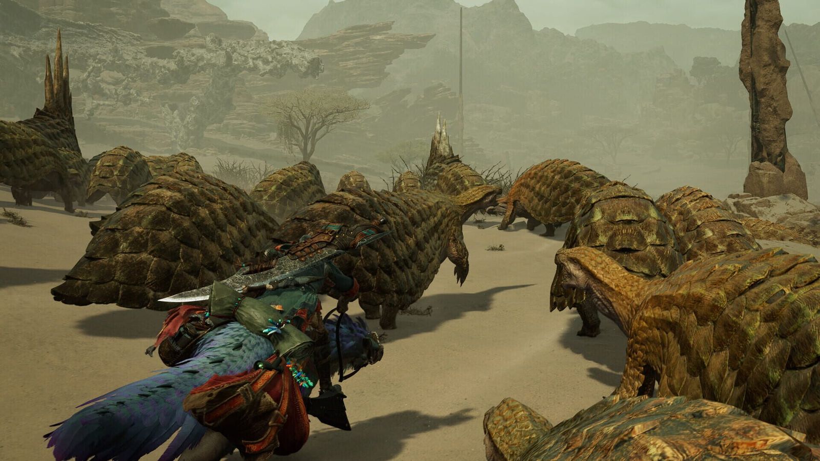A hunter riding a Seikret through a herd of armoured monsters