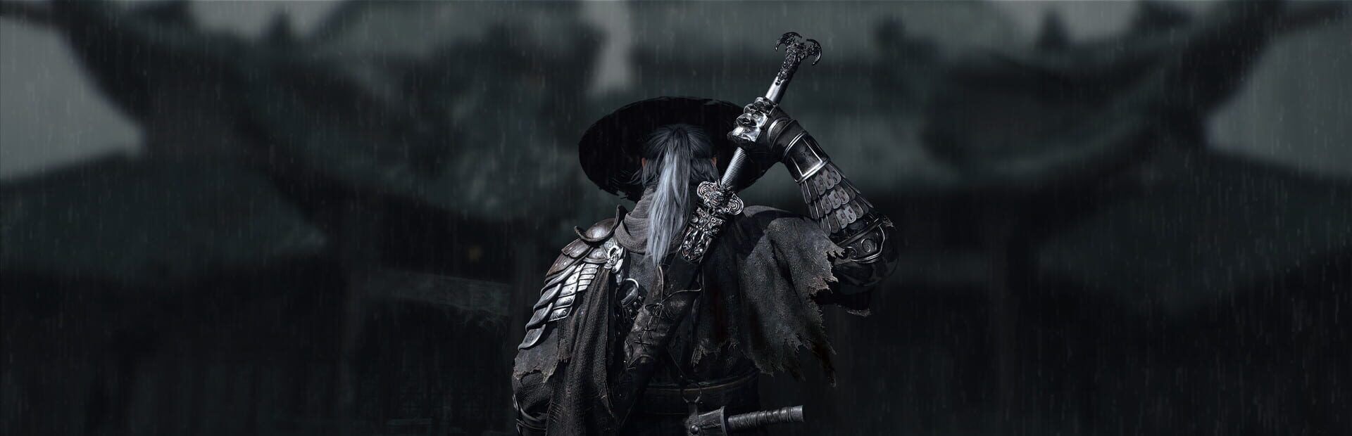 Phantom Blade Zero artwork: a long-haired swordsman seen from behind in the rain, drawing a sword from his back