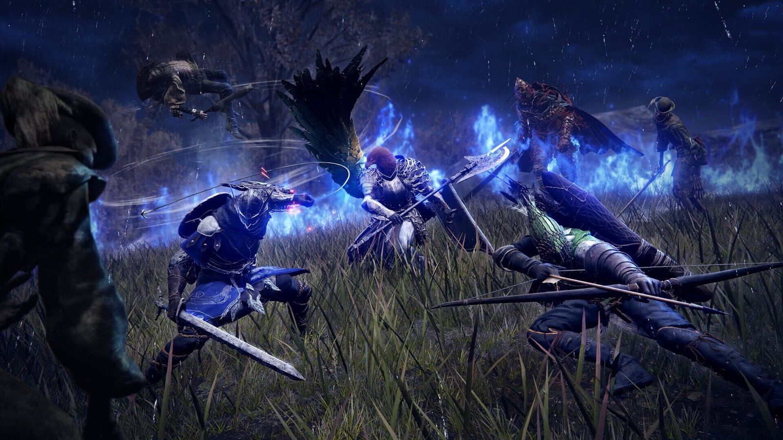 Three Nightfarers fight enemies among blue spectral flames in a rainy night field in Elden Ring Nightreign