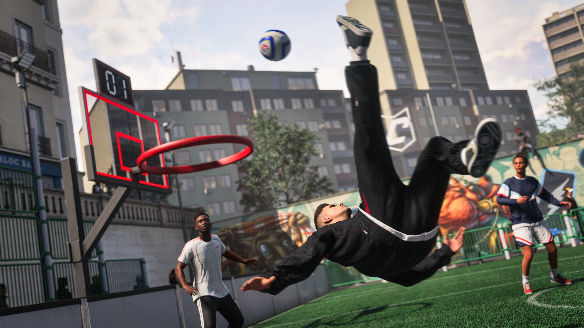 A player in a black tracksuit performs a bicycle kick on a small street pitch next to a basketball hoop and tower blocks