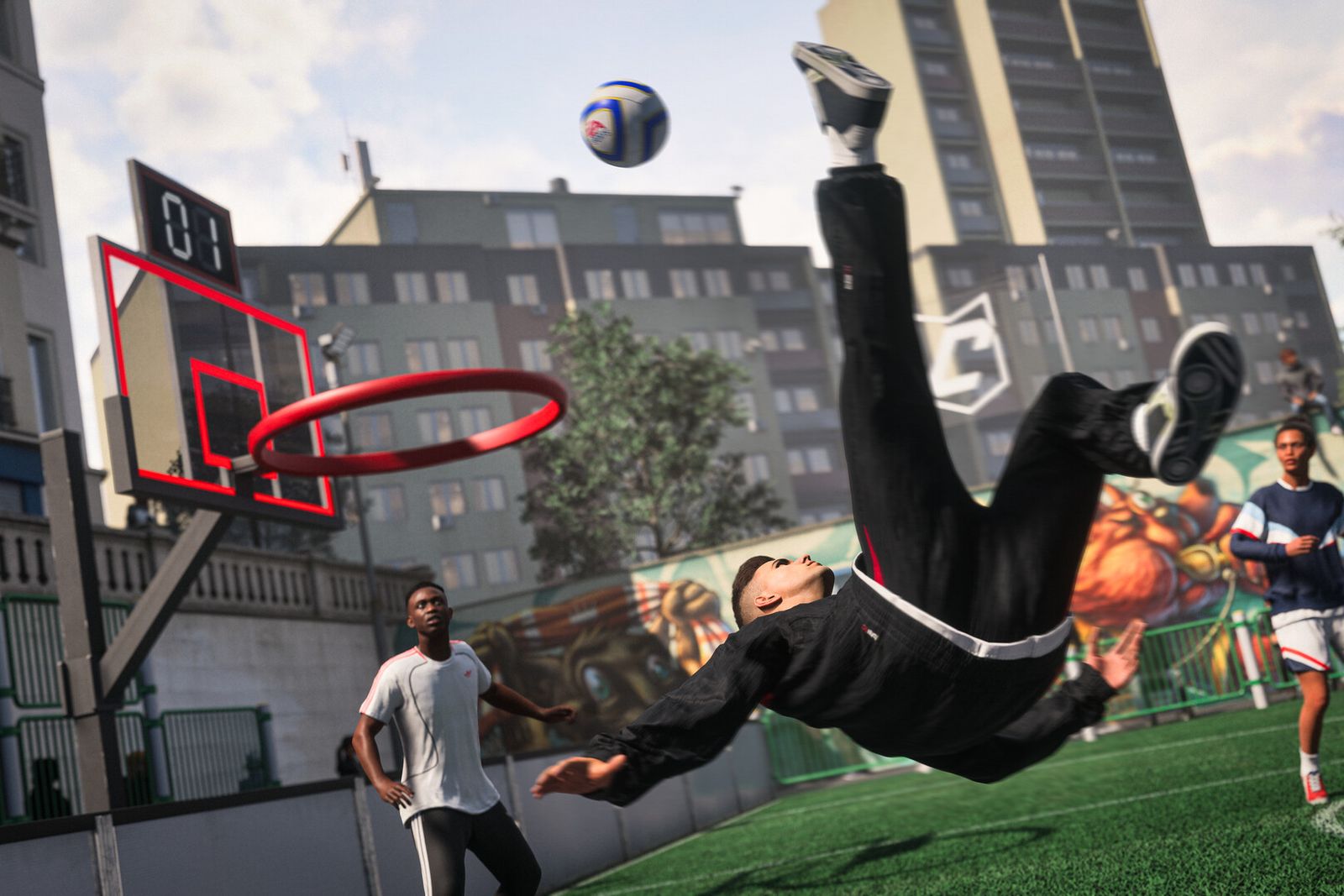 A player in a black tracksuit performs a bicycle kick on a small street pitch next to a basketball hoop and tower blocks