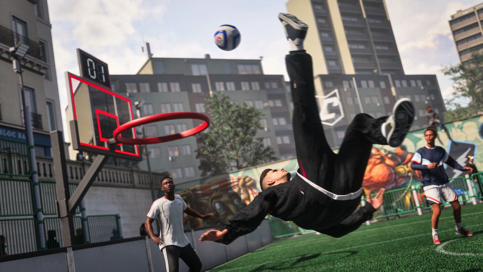 A player in a black tracksuit performs a bicycle kick on a small street pitch next to a basketball hoop and tower blocks