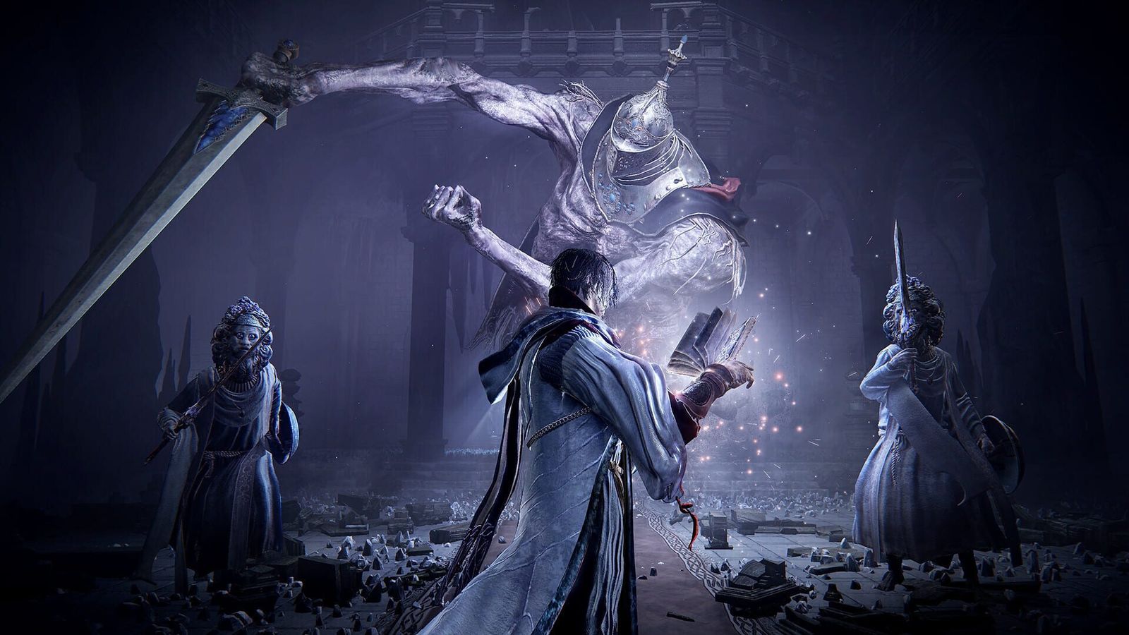 The Scholar casts from an open book against a giant sword-wielding boss in Elden Ring Nightreign